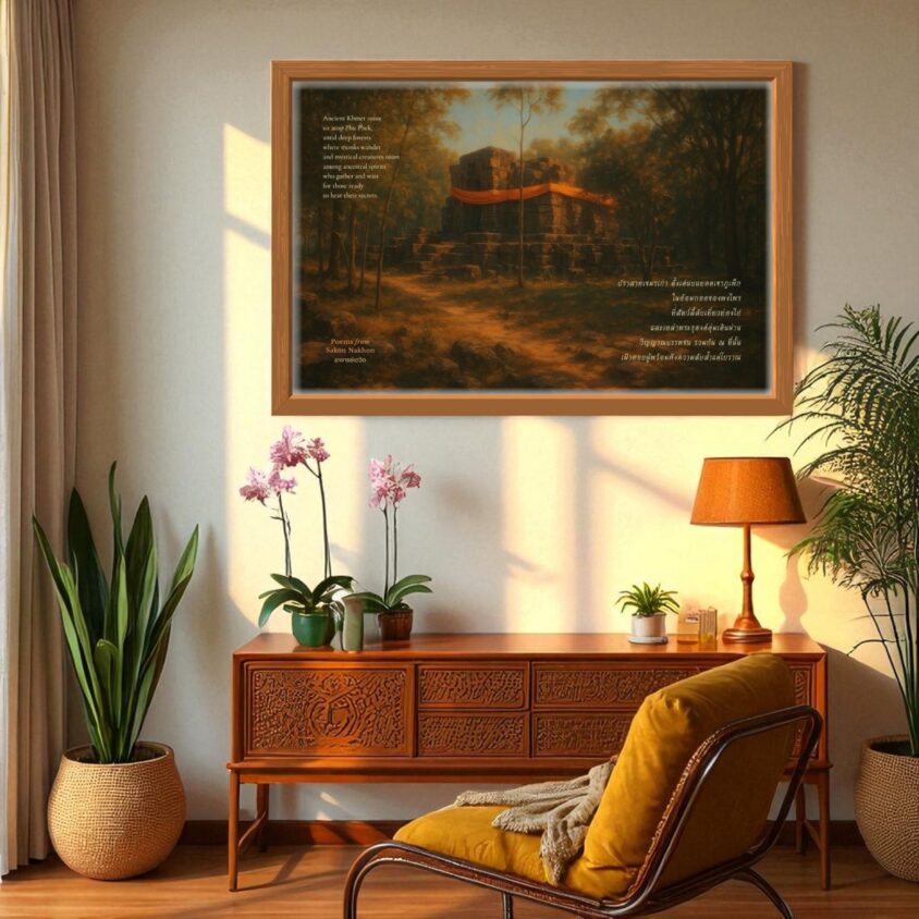 Thailand wall art of Khmer ruins at Phu Phek with saffron cloth and bilingual poem, perfect for Thai restaurant & home interior design ideas.
